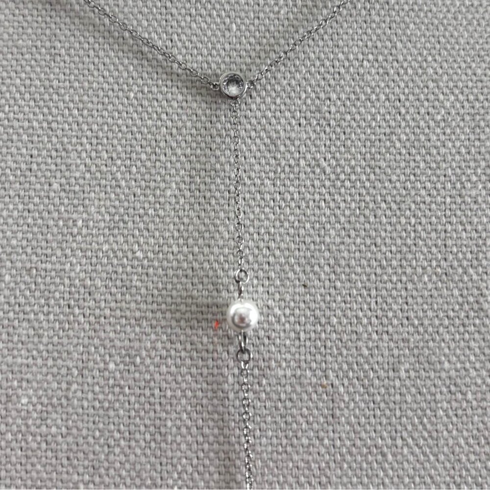 Silver Y-Shaped Necklace With Pearls & Crystal Accents 18 Inches Adjustable Chai - Picture 3 of 6